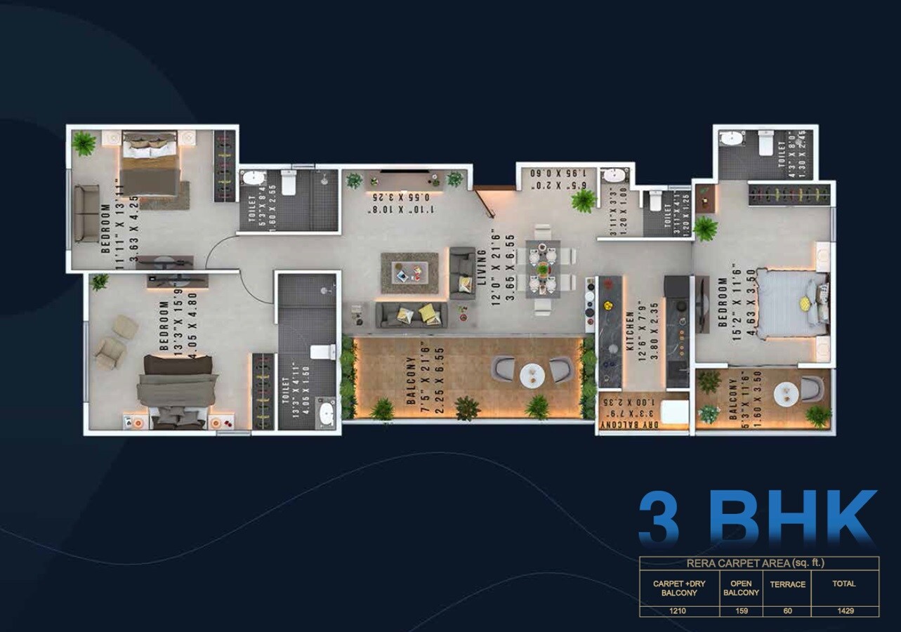 Floor plan of 3 BHK 1429 Sq. Ft. Apartment in Revive Godavari Apartments, Pune