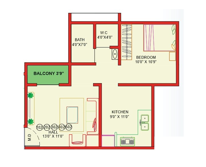Floor plan of 1 BHK 366 Sq. Ft. Apartment in Revti Matoshree Residency, Pune