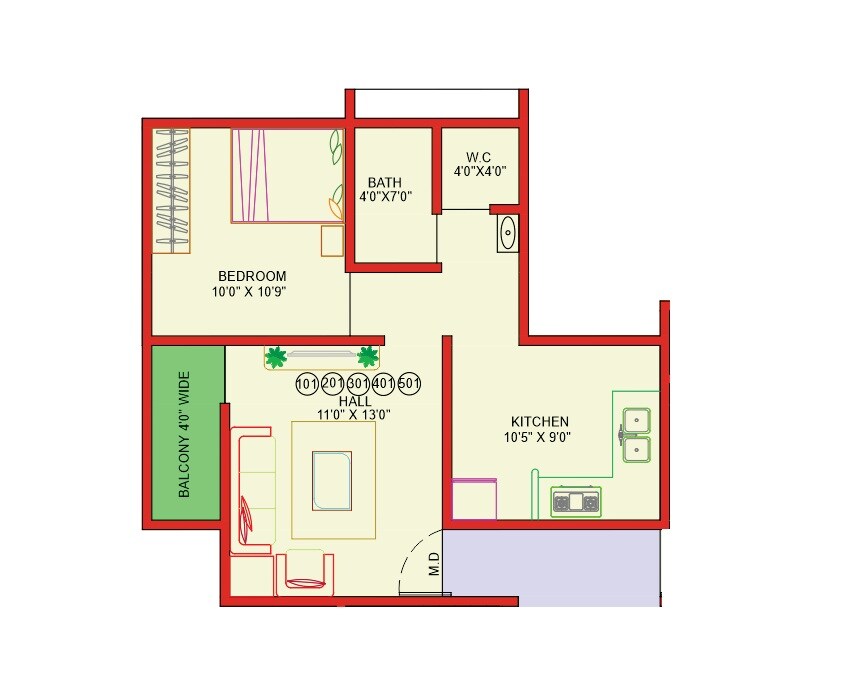 Floor plan of 1 BHK 442 Sq. Ft. Apartment in Revti Matoshree Residency, Pune