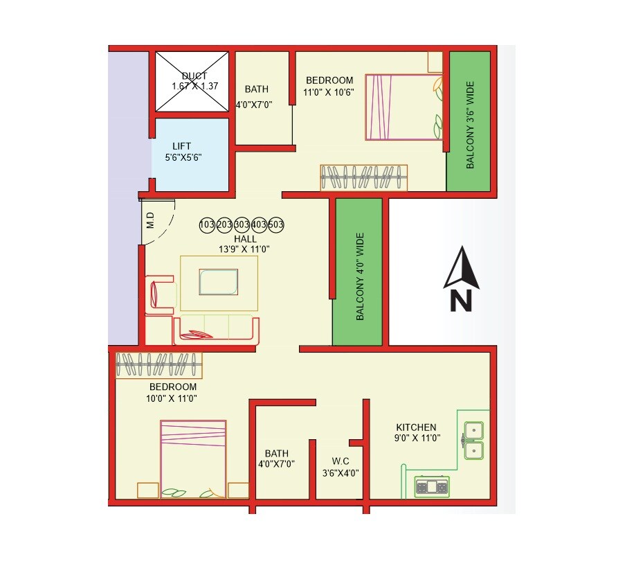 Floor plan of 2 BHK 690 Sq. Ft. Apartment in Revti Matoshree Residency, Pune