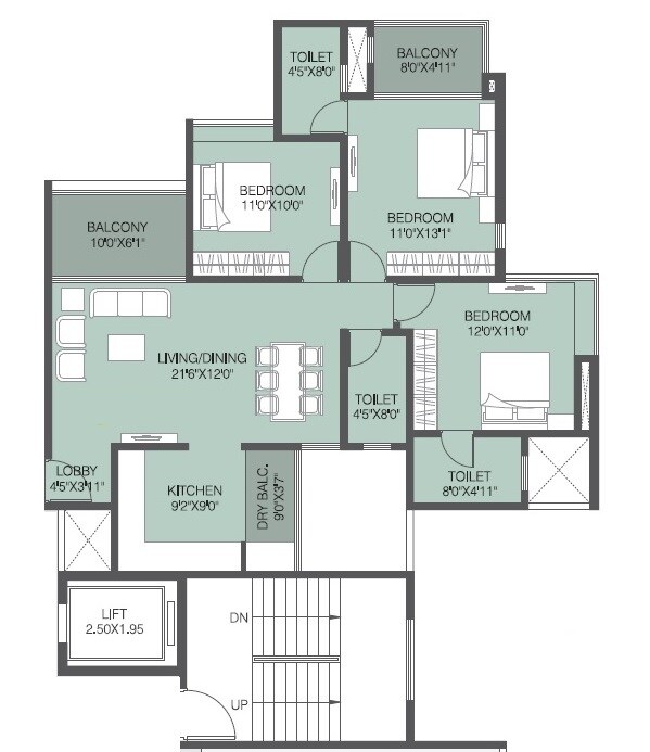Floor plan of 3 BHK 1067 Sq. Ft. Apartment in RGS Forte, Pune