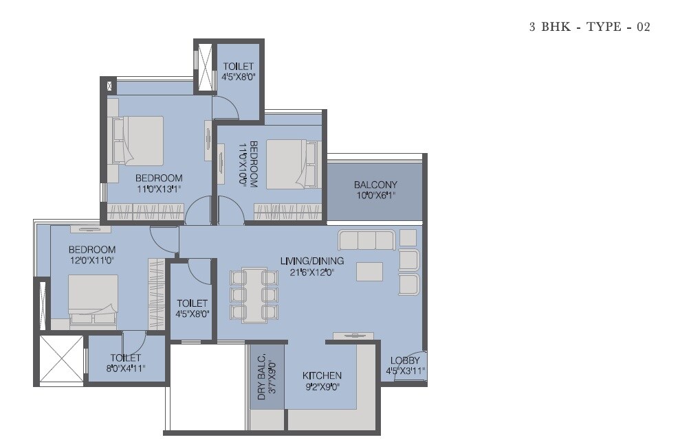 Floor plan of 3 BHK 1011 Sq. Ft. Apartment in RGS Forte, Pune