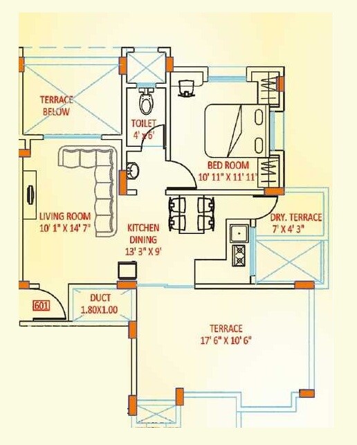 Floor plan of 1 BHK 605 Sq. Ft. Apartment in Riddhi Siddhi Mayuresh, Pune