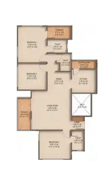 Floor plan of 3 BHK 1530 Sq. Ft. Apartment in Right Western Casa, Pune