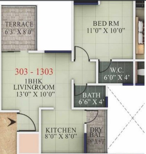 Floor plan of 1 BHK 496 Sq. Ft. Apartment in Jain Rio Greens, Pune