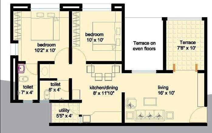 Floor plan of 2 BHK Apartment - 805 sq. ft. in Rishi Mi Casa Bella, Pune