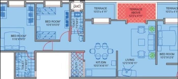 Floor plan of 3 BHK Apartment - 1523 sq. ft. in Rishi Mi Casa Bella, Pune