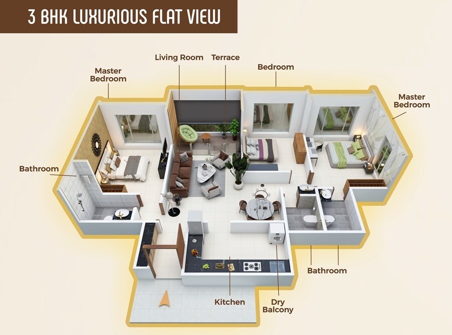 Floor plan of 3 BHK 1135 Sq. Ft. Apartment in Rishikesh Seraph Supremus, Pune