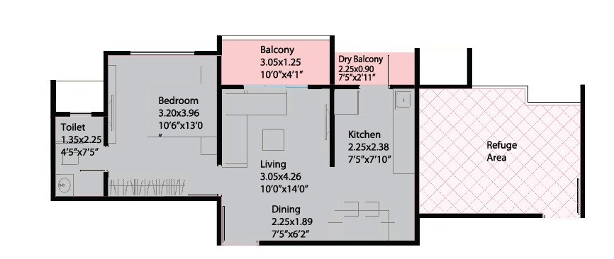 Floor plan of 1 BHK 428 Sq. Ft. Apartment in Rising Kohinoor Emerald 1, Pune