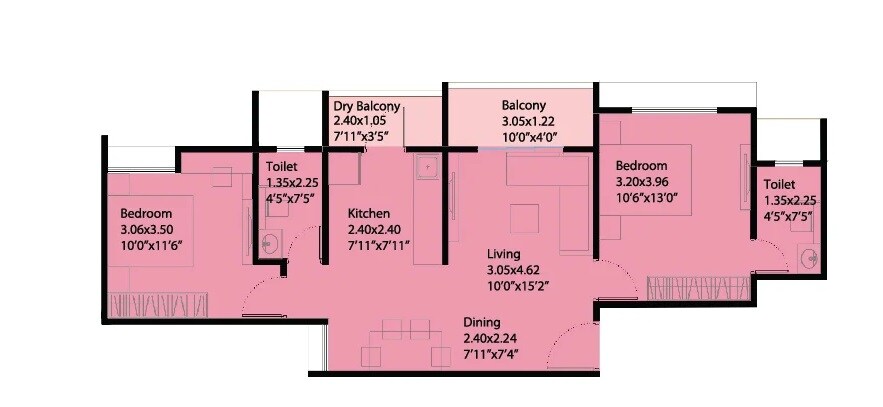 Floor plan of 2 BHK 631 Sq. Ft. Apartment in Rising Kohinoor Emerald 1, Pune