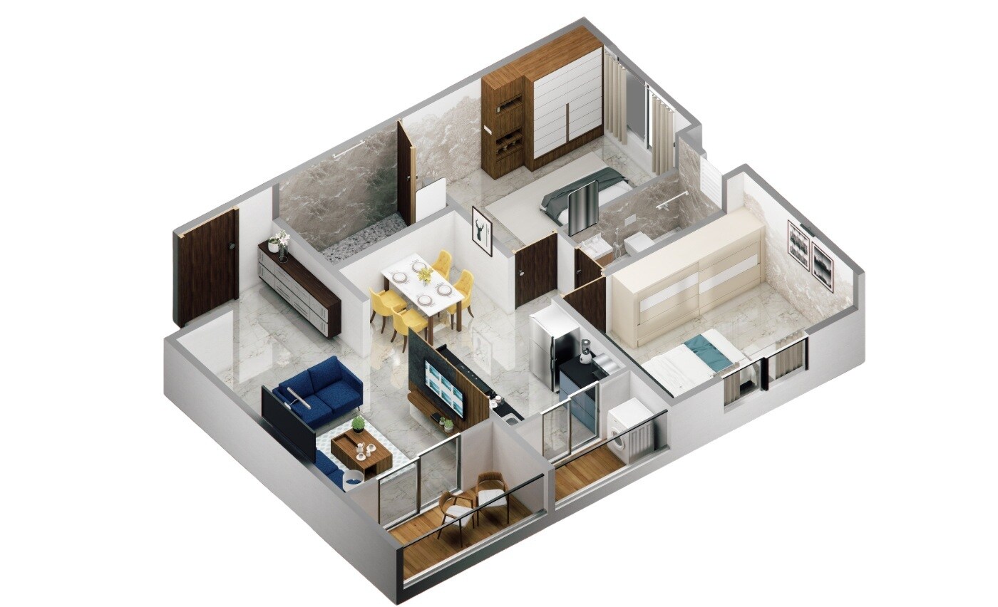 Floor plan of 2 BHK 682 Sq. Ft. Apartment in Riswadkar Element 77, Pune