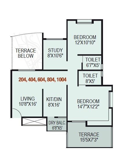 Floor plan of 2 BHK 882 Sq. Ft. Apartment in Riswadkar Prestige Gold, Pune