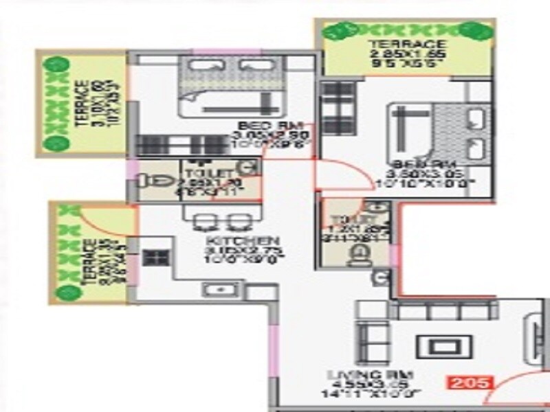 Floor plan of 2 BHK 637 Sq. Ft. Apartment in River Edge Selenia, Pune