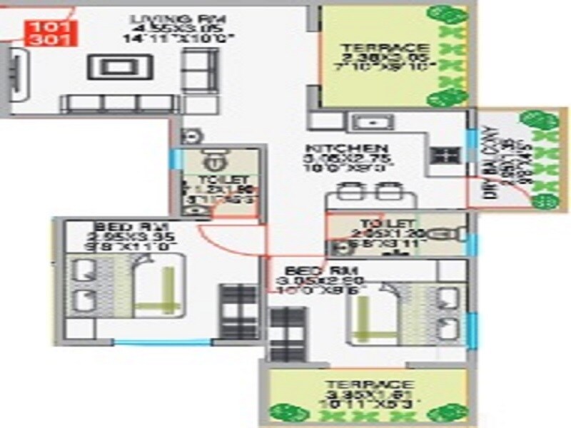 Floor plan of 2 BHK 682 Sq. Ft. Apartment in River Edge Selenia, Pune