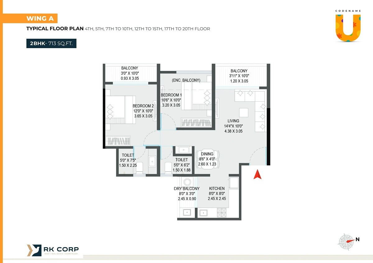 Floor plan of 2 BHK 713 Sq. Ft. Apartment in RK Amor, Pune