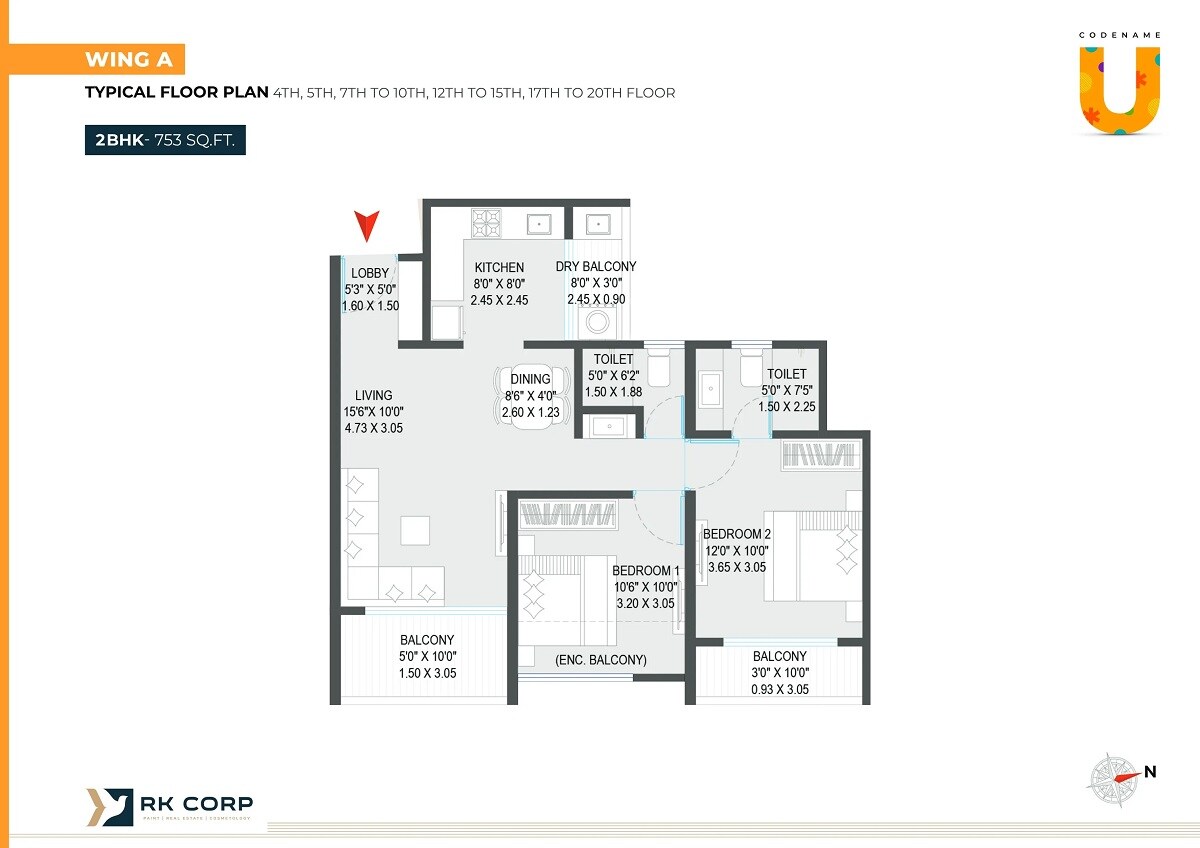 Floor plan of 2 BHK 753 Sq. Ft. Apartment in RK Amor, Pune