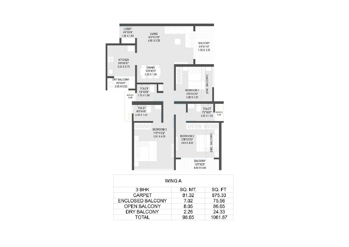 Floor plan of 3 BHK 1061 Sq. Ft. Apartment in RK Amor, Pune