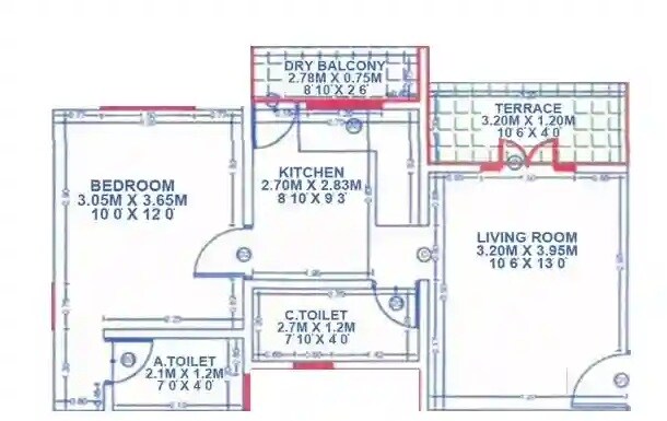 Floor plan of 1 BHK 485 Sq. Ft. Apartment in RK Amrutvel, Pune