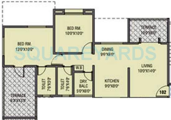 Floor plan of 2 BHK 997 Sq. Ft. Apartment in RK Lunkad Akshay Tower, Pune