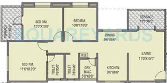 Floor plan of 3 BHK 1462 Sq. Ft. Apartment in RK Lunkad Akshay Tower, Pune