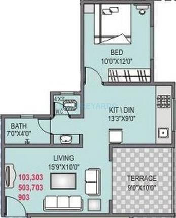 Floor plan of 1 BHK 709 Sq. Ft. Apartment in RK Lunkad Aromatic Wind, Pune