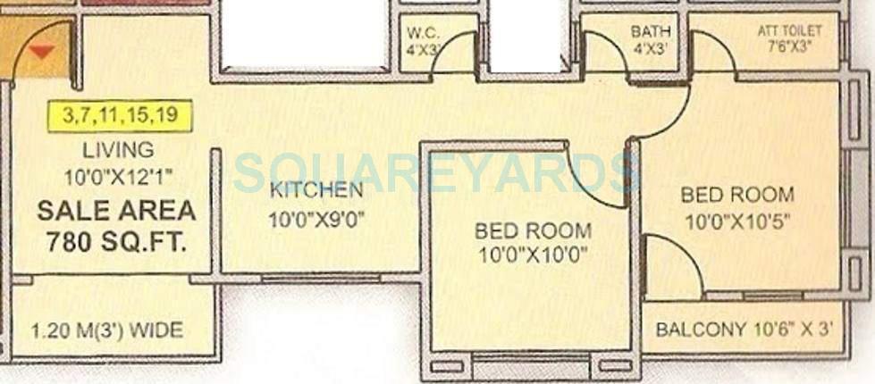 Floor plan of 2 BHK 780 Sq. Ft. Apartment in RK Lunkad Nisarg Srushti, Pune