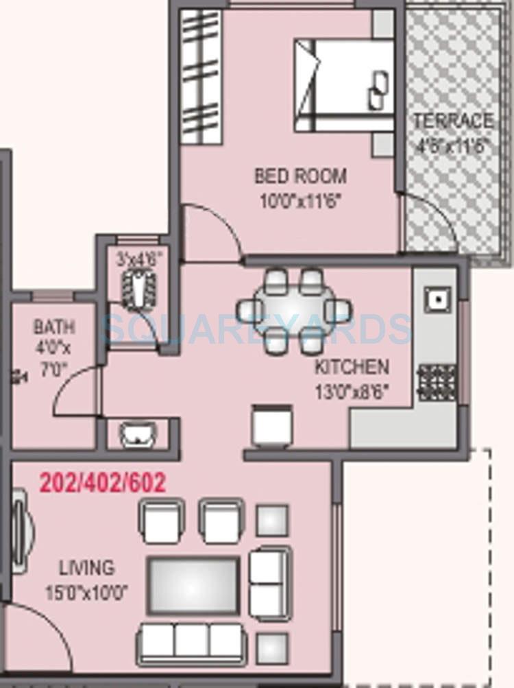 Floor plan of 1 BHK 490 Sq. Ft. Apartment in RK Lunkad Punya Bhumi, Pune