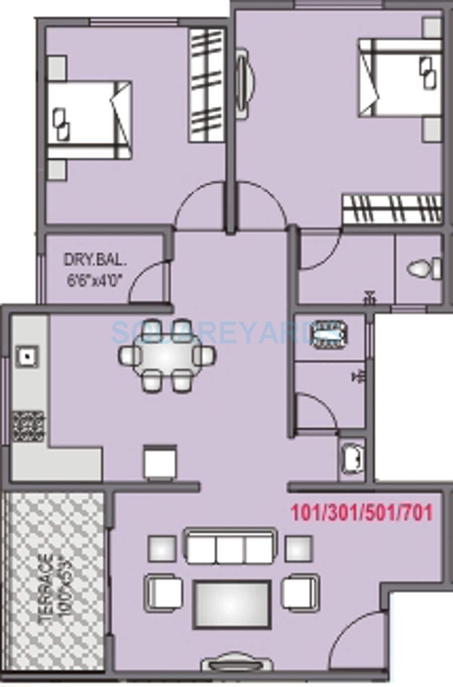 Floor plan of 2 BHK 745 Sq. Ft. Apartment in RK Lunkad Punya Bhumi, Pune