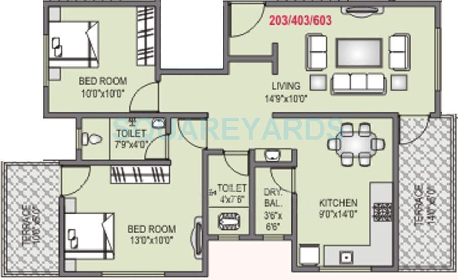Floor plan of 2 BHK 754 Sq. Ft. Apartment in RK Lunkad Punya Bhumi, Pune