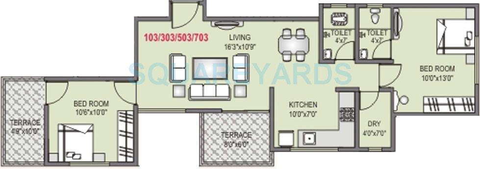 Floor plan of 2 BHK 759 Sq. Ft. Apartment in RK Lunkad Punya Bhumi, Pune