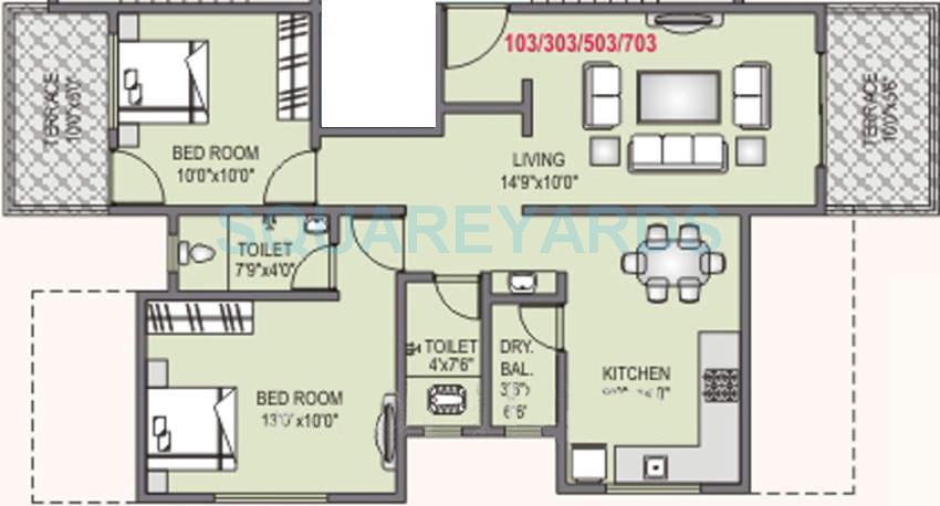 Floor plan of 2 BHK 812 Sq. Ft. Apartment in RK Lunkad Punya Bhumi, Pune