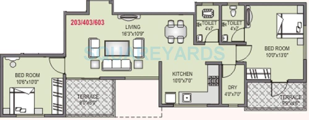 Floor plan of 2 BHK 826 Sq. Ft. Apartment in RK Lunkad Punya Bhumi, Pune
