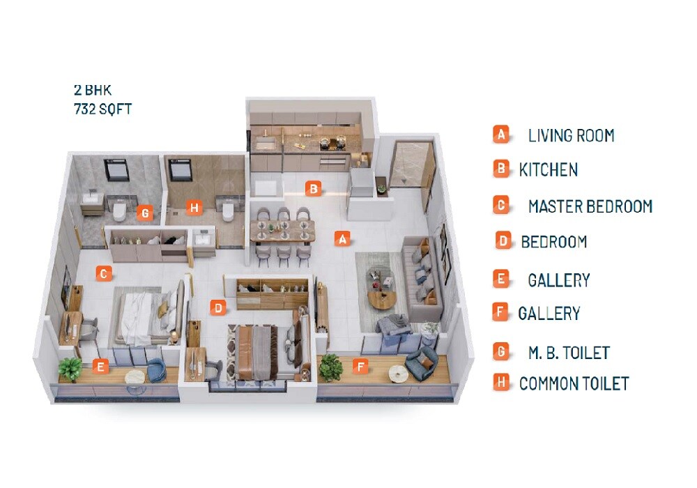 Floor plan of 2 BHK 732 Sq. Ft. Apartment in RKH Mountain Manor, Pune
