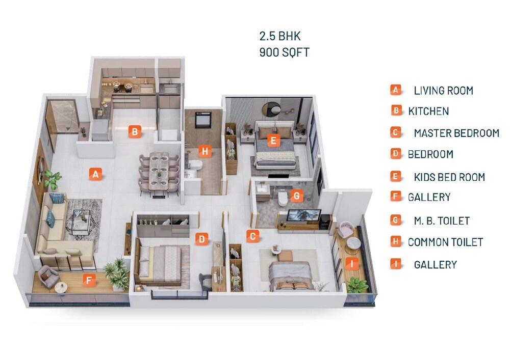 Floor plan of 2 BHK 900 Sq. Ft. Apartment in RKH Mountain Manor, Pune