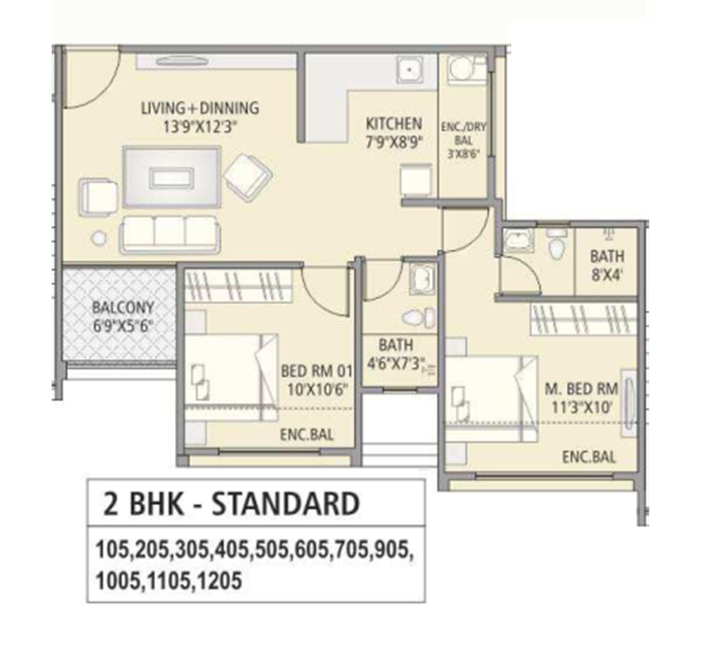 Floor plan of 2 BHK 653 Sq. Ft. Apartment in RKL Aarika, Pune