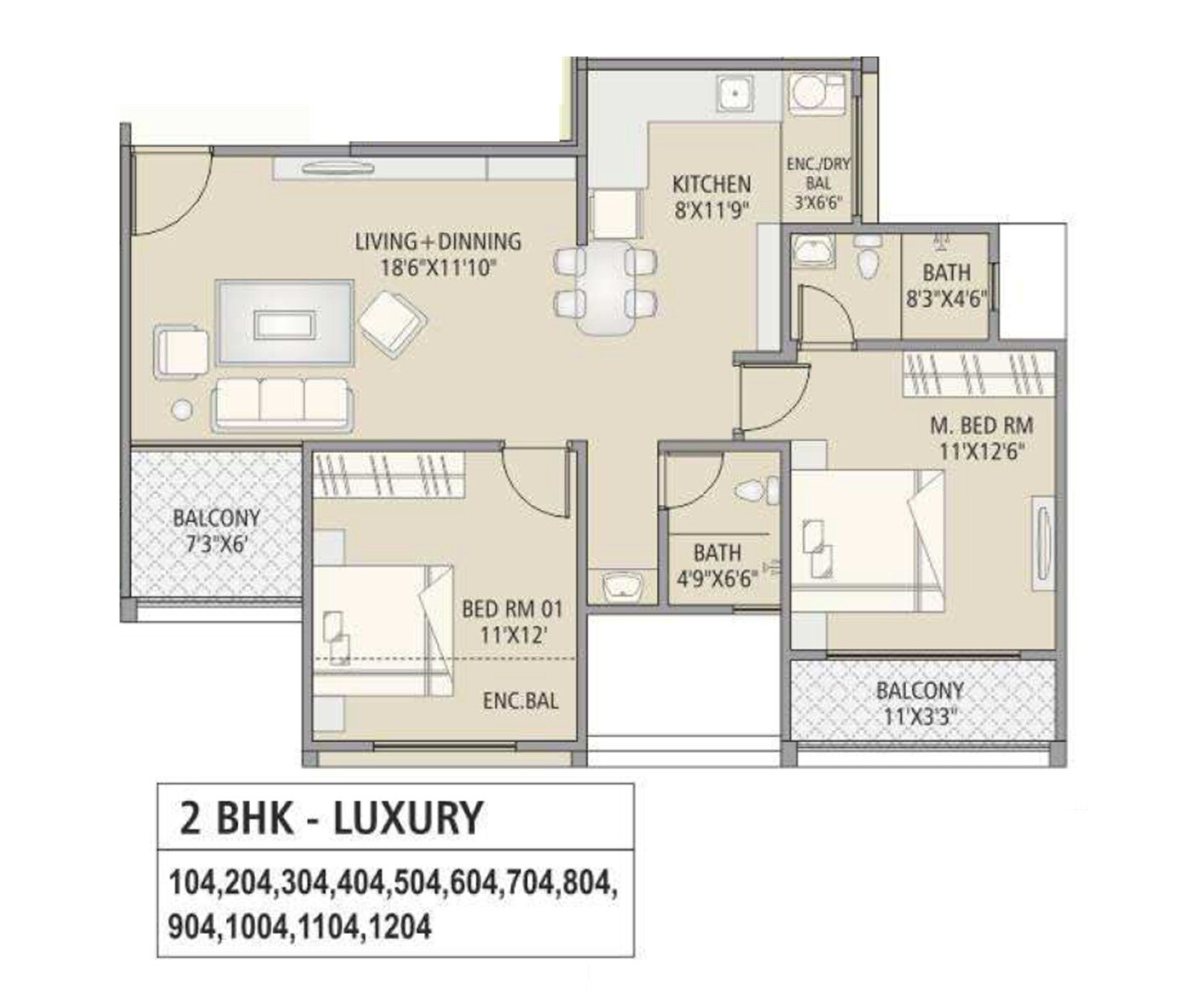 Floor plan of 2 BHK 837 Sq. Ft. Apartment in RKL Aarika, Pune