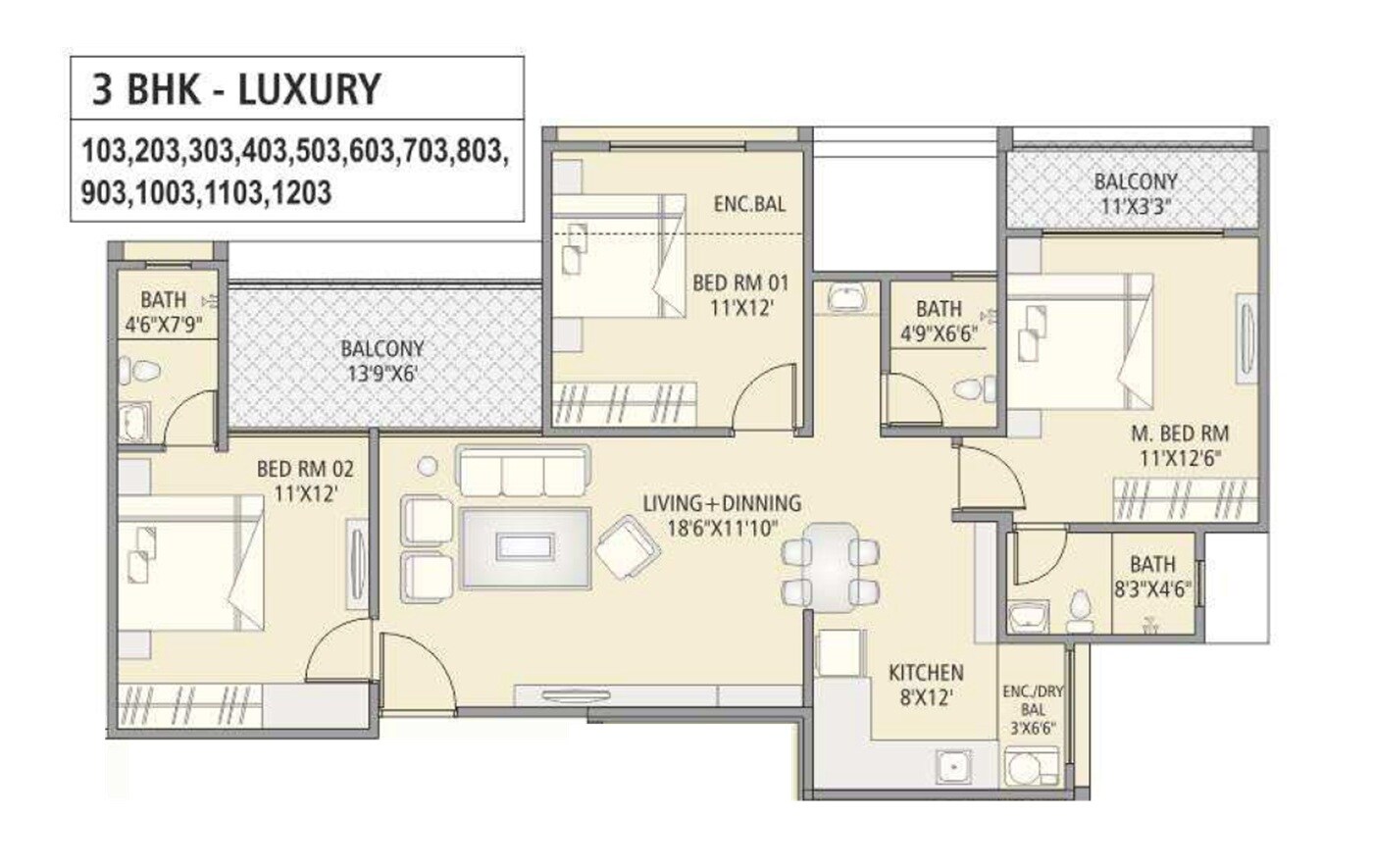 Floor plan of 3 BHK 1060 Sq. Ft. Apartment in RKL Aarika, Pune