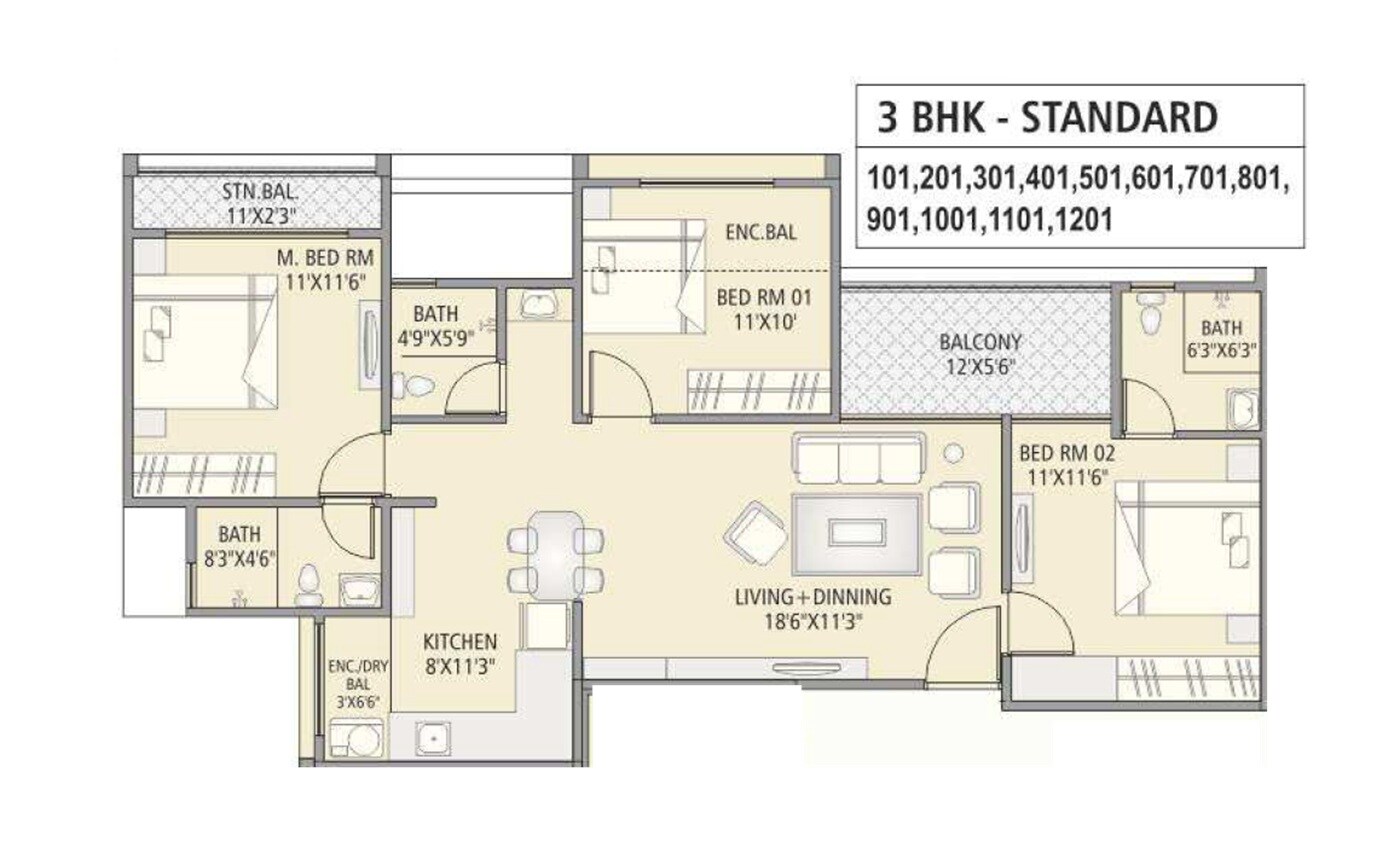 Floor plan of 3 BHK 972 Sq. Ft. Apartment in RKL Aarika, Pune