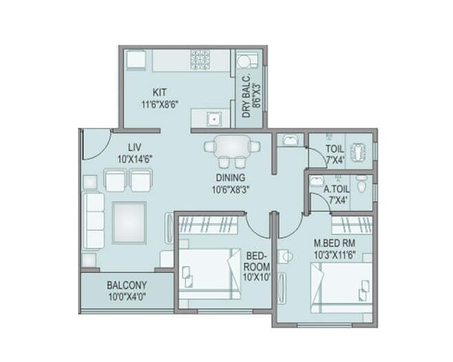 Floor plan of 2 BHK 648 Sq. Ft. Apartment in RKL Abhang Heights, Pune