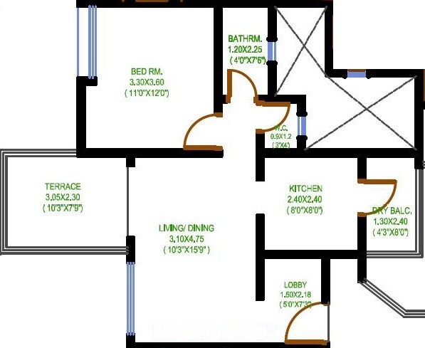Floor plan of 1 BHK 370 Sq. Ft. Apartment in RM Feliz, Pune