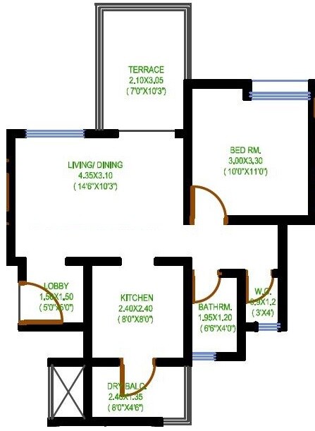 Floor plan of 1 BHK 392 Sq. Ft. Apartment in RM Feliz, Pune