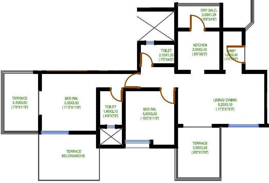 Floor plan of 2 BHK 502 Sq. Ft. Apartment in RM Feliz, Pune