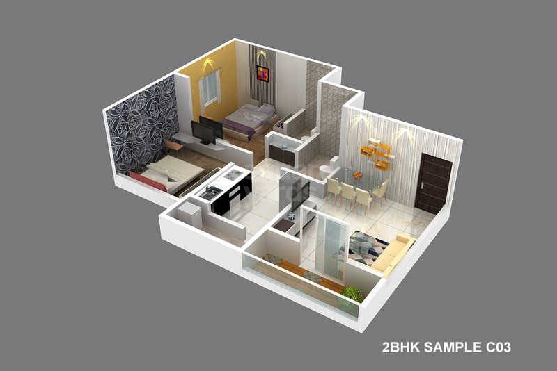 Floor plan of 2 BHK 590 Sq. Ft. Apartment in RM Hill Town, Pune