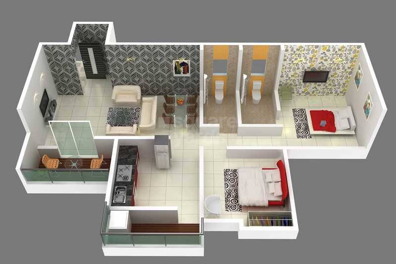Floor plan of 2 BHK 664 Sq. Ft. Apartment in RM Hill Town, Pune