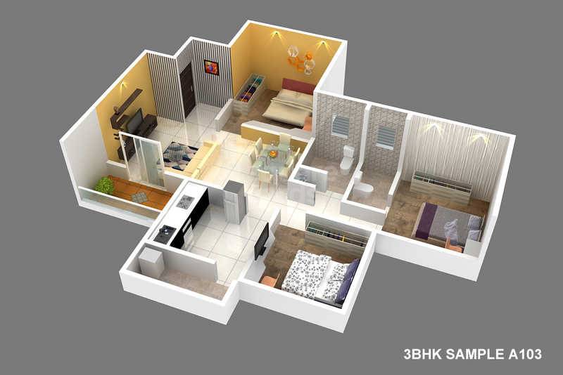 Floor plan of 3 BHK 712 Sq. Ft. Apartment in RM Hill Town, Pune