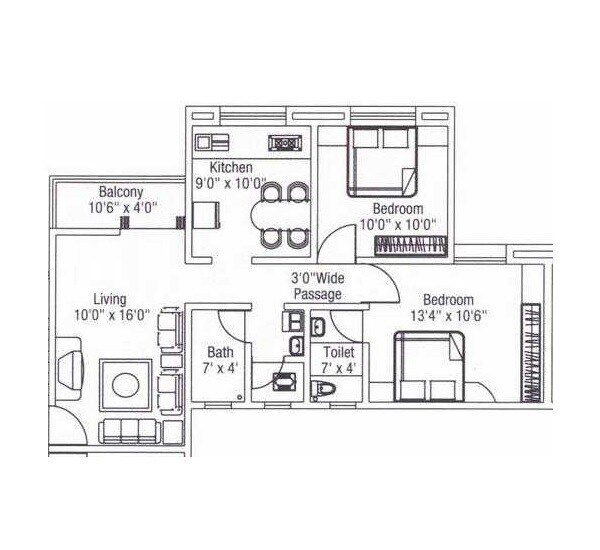 Floor plan of 2 BHK 600 Sq. Ft. Apartment in RM Hiras Nagar, Pune