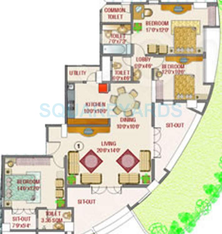 Floor plan of 3 BHK 1600 Sq. Ft. Apartment in Rohan Aasman, Pune