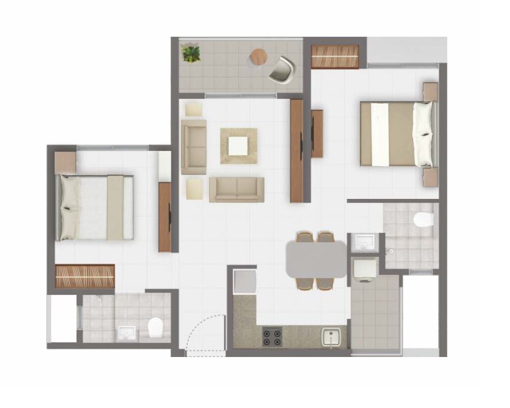Floor plan of 2 BHK 582 Sq. Ft. Apartment in Rohan Abhilasha 3, Pune