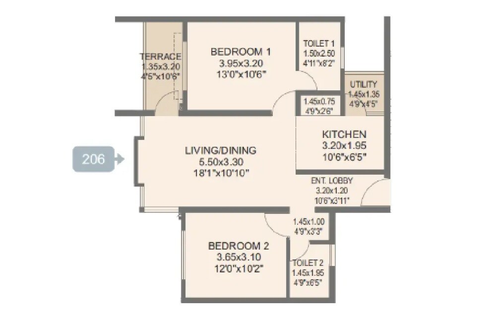 Floor plan of 2 BHK 786 Sq. Ft. Apartment in Rohan Abhilasha 4, Pune