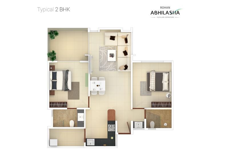 Floor plan of 2 BHK 459 Sq. Ft. Apartment in Rohan Abhilasha Building B, Pune